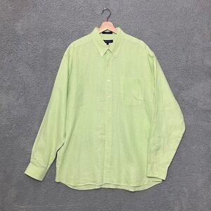 Alan Flusser Button Down Shirt Men XL 100% Linen Long Sleeve Bright Green Beachy